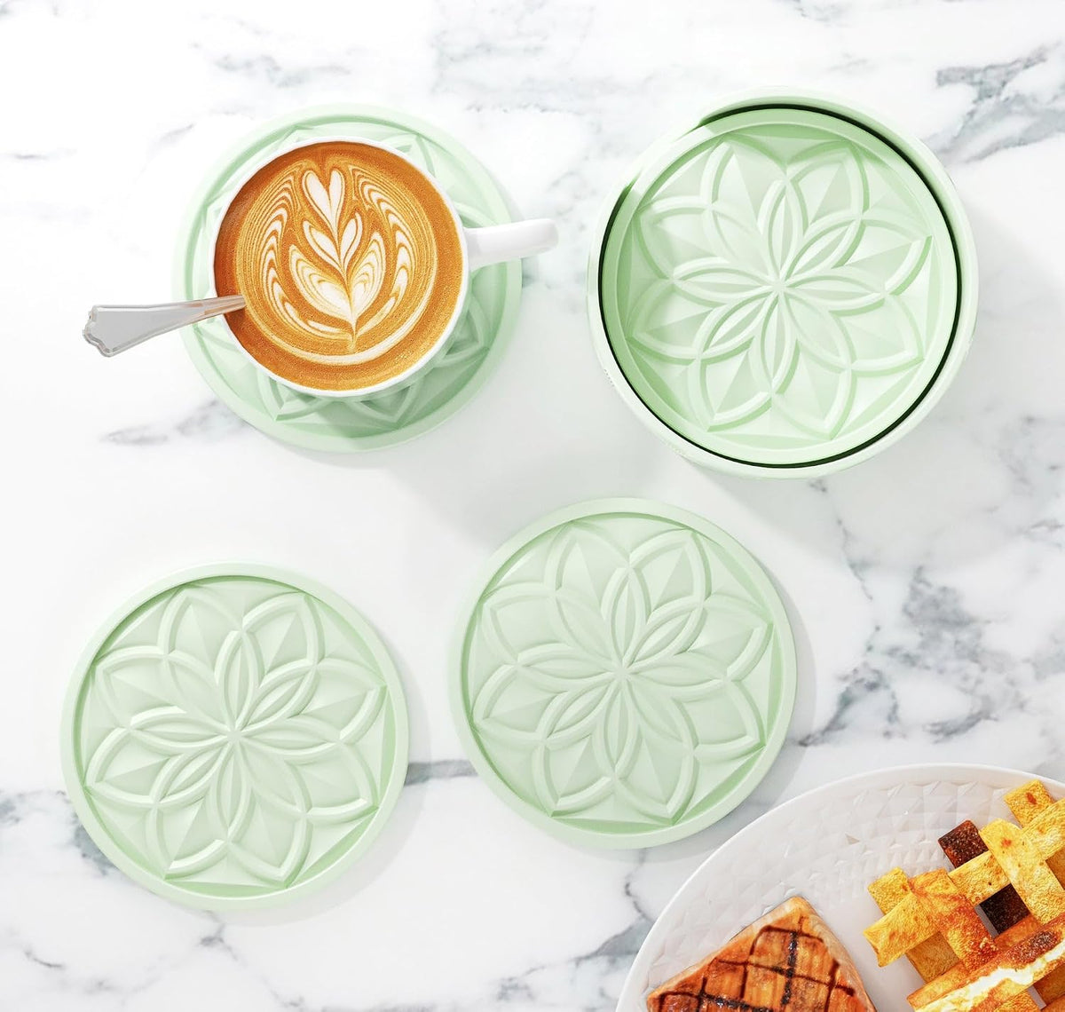Silicone Coasters Set with Holder - 6 Pack Drink Coasters for Coffee Table, Bar, Desk - Tabletop Protection Gift - Black