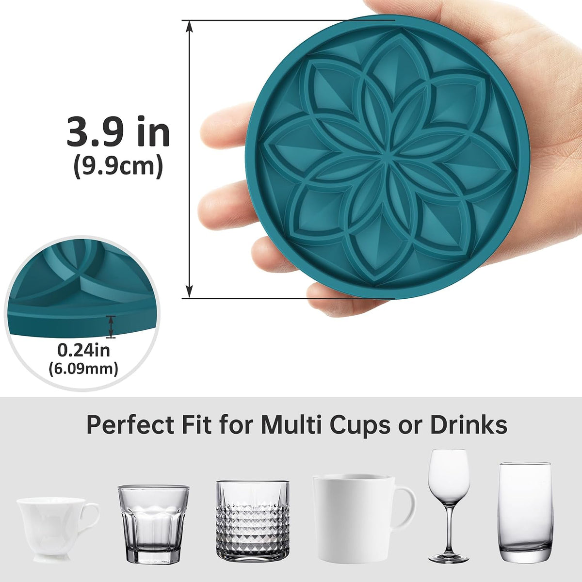 Silicone Coasters Set with Holder - 6 Pack Drink Coasters for Coffee Table, Bar, Desk - Tabletop Protection Gift - Black