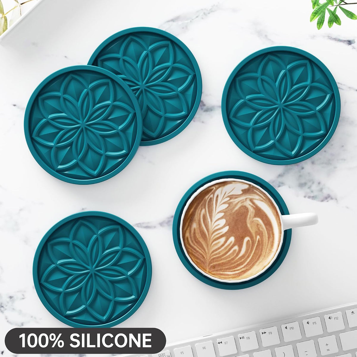 Silicone Coasters Set with Holder - 6 Pack Drink Coasters for Coffee Table, Bar, Desk - Tabletop Protection Gift - Black