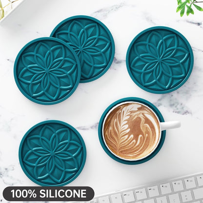 Silicone Coasters Set with Holder - 6 Pack Drink Coasters for Coffee Table, Bar, Desk - Tabletop Protection Gift - Black