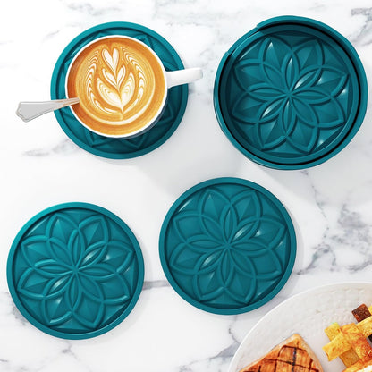 Silicone Coasters Set with Holder - 6 Pack Drink Coasters for Coffee Table, Bar, Desk - Tabletop Protection Gift - Black