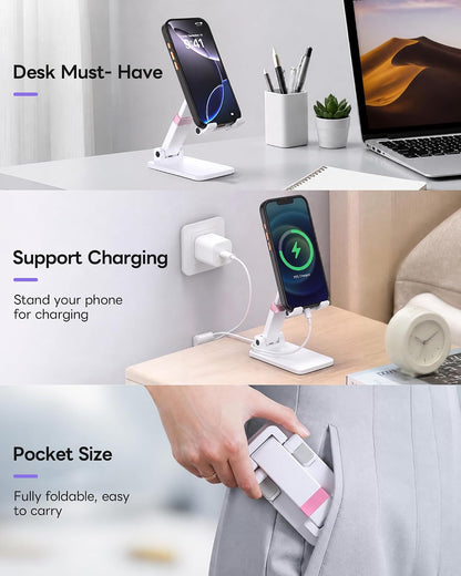 Phone Stand for Desk Cellphone Holder Height Angle Adjustable Stands, Anti-Slip Base, Compact Design for iPhone Android Devices,Black,1Pack