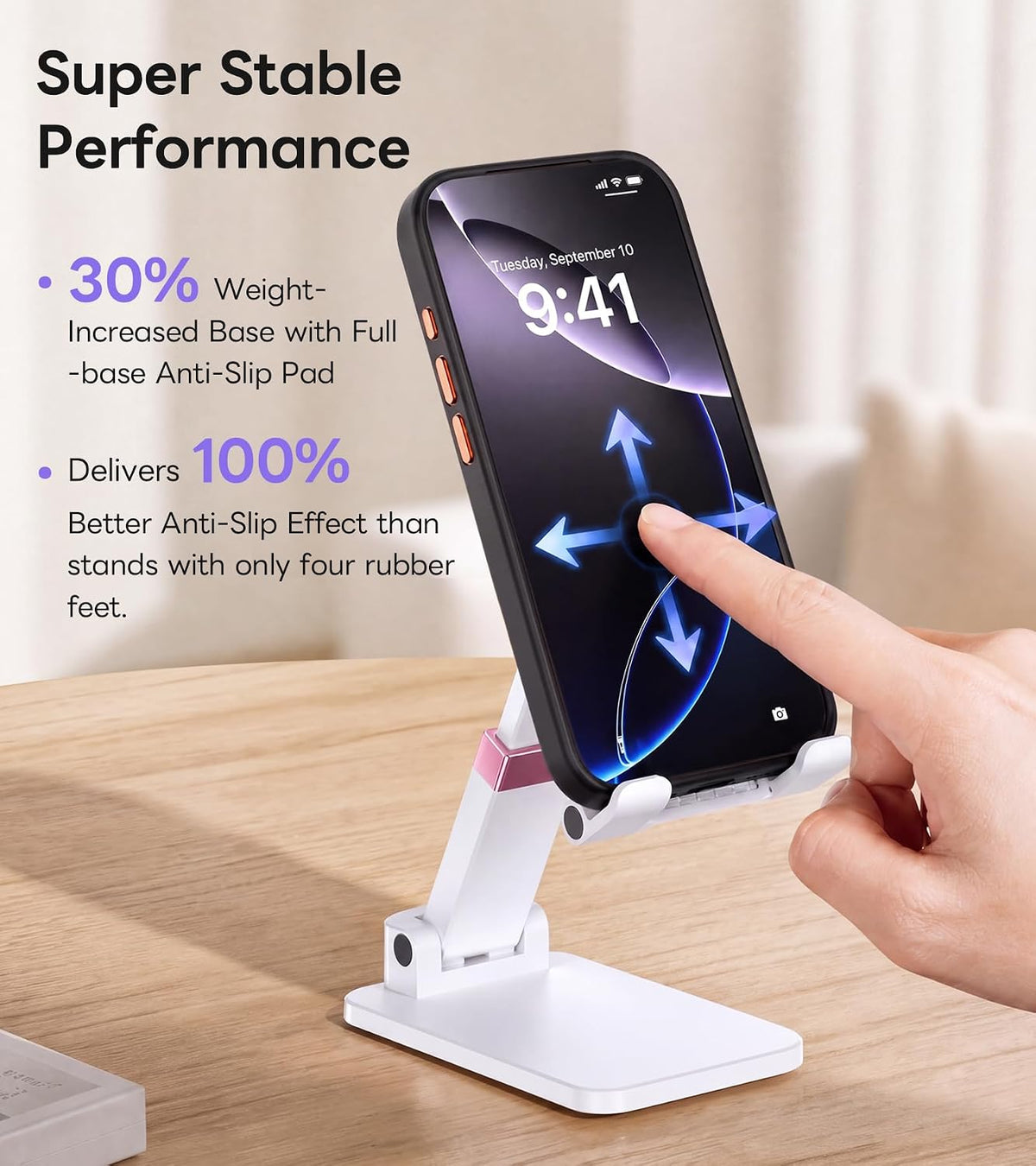 Phone Stand for Desk Cellphone Holder Height Angle Adjustable Stands, Anti-Slip Base, Compact Design for iPhone Android Devices,Black,1Pack