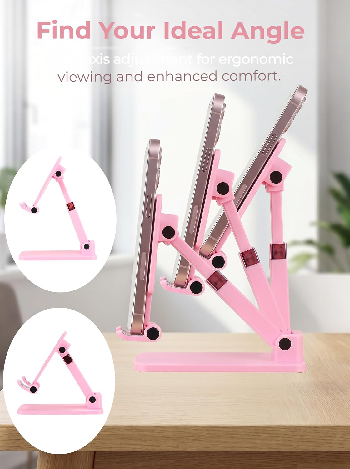 Phone Stand for Desk Cellphone Holder Height Angle Adjustable Stands, Anti-Slip Base, Compact Design for iPhone Android Devices,Black,1Pack