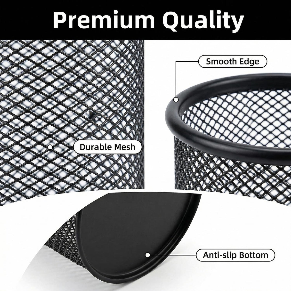 Pen Holder Mesh Pencil Holder Metal Pen Holder Cup Pencil Cup Holder for Desk Office Pen Organizer Black, 4 Pack