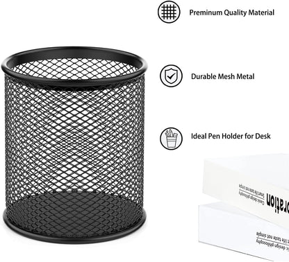 Pen Holder Mesh Pencil Holder Metal Pen Holder Cup Pencil Cup Holder for Desk Office Pen Organizer Black, 4 Pack