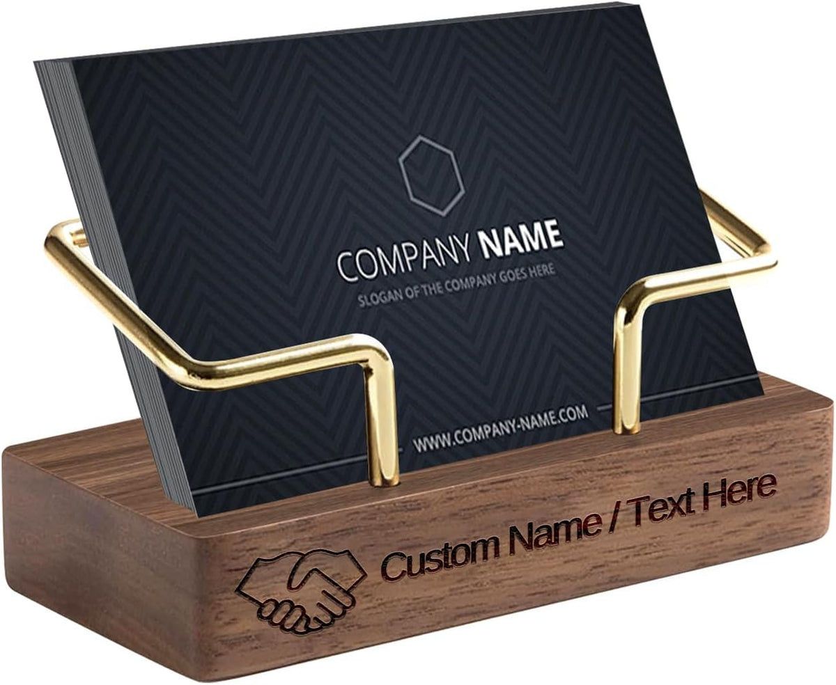 Custom Business Card Holder for Desk, Engraved Walnut Wood Stand