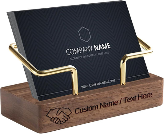 Custom Business Card Holder for Desk, Engraved Walnut Wood Stand