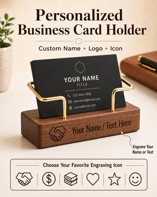 Custom Business Card Holder for Desk, Engraved Walnut Wood Stand