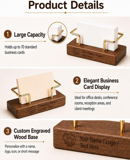 Custom Business Card Holder for Desk, Engraved Walnut Wood Stand