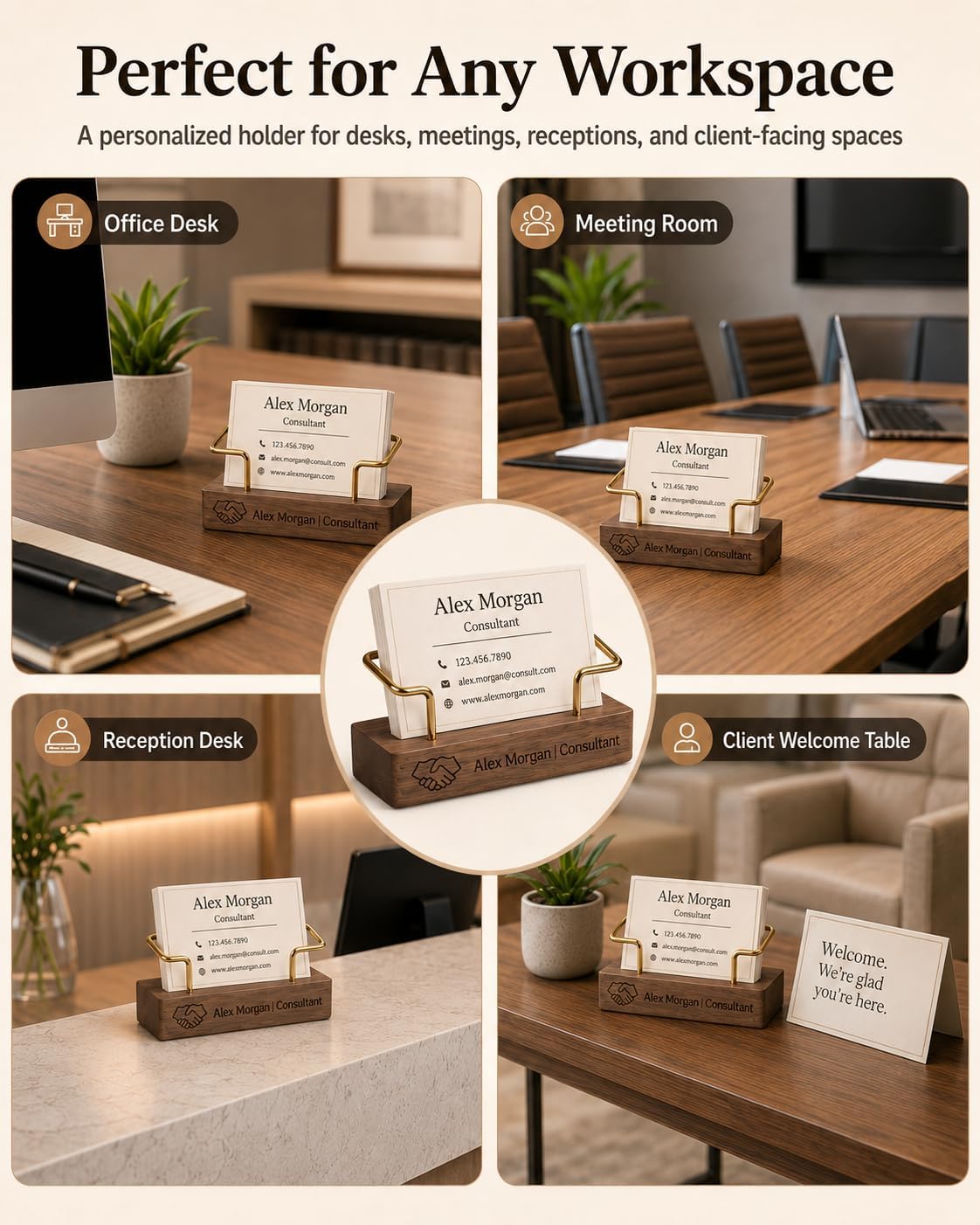 Custom Business Card Holder for Desk, Engraved Walnut Wood Stand