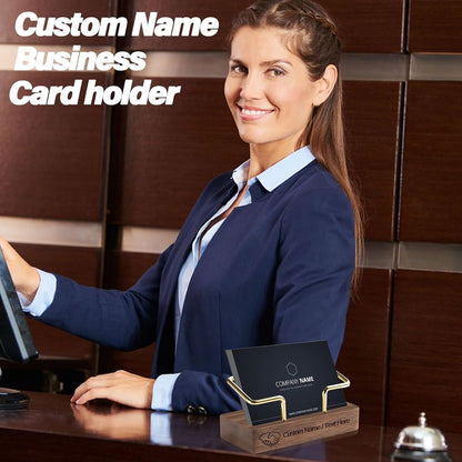 Custom Business Card Holder for Desk, Engraved Walnut Wood Stand