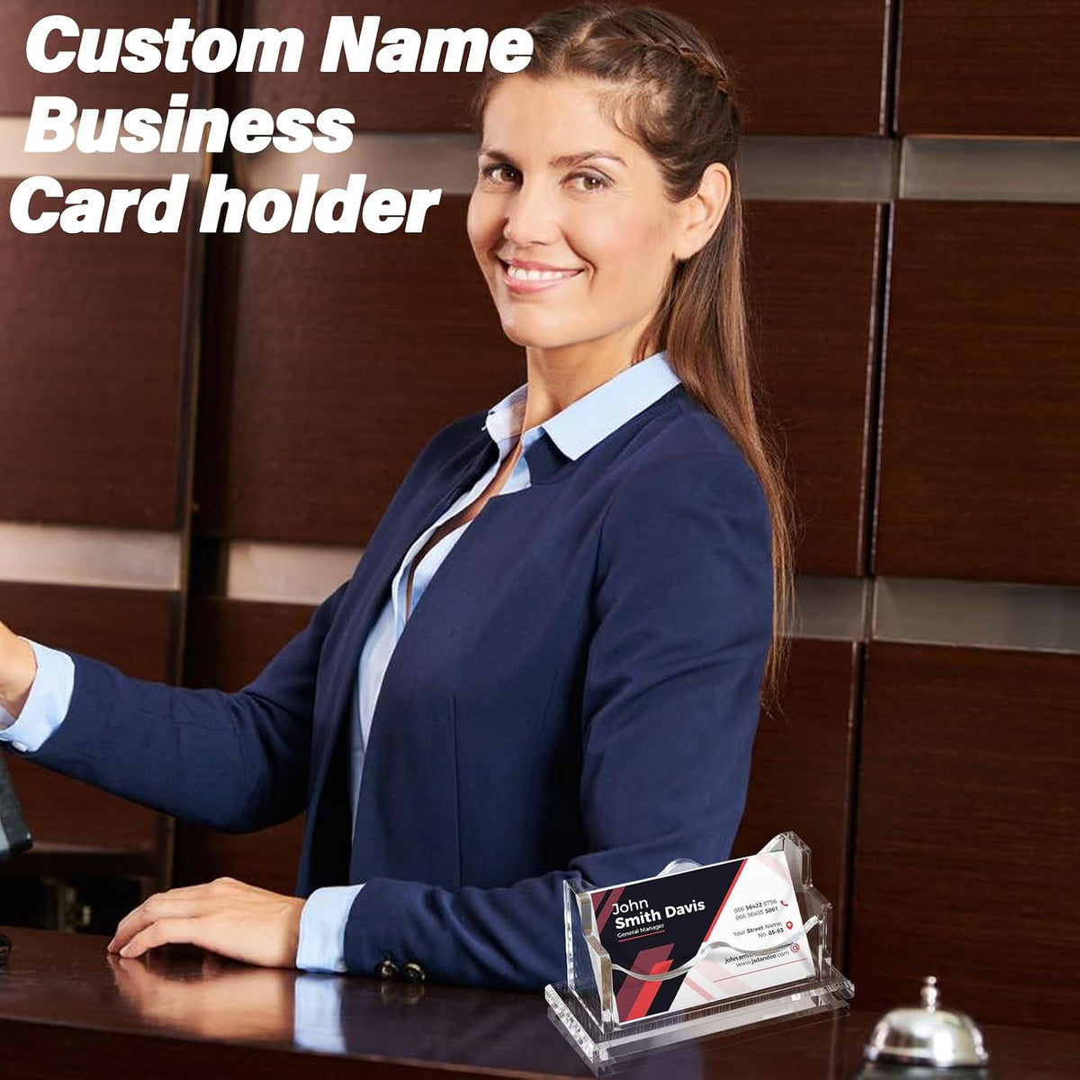 Custom Business Card Holder for Desk, Engraved Walnut Wood Stand