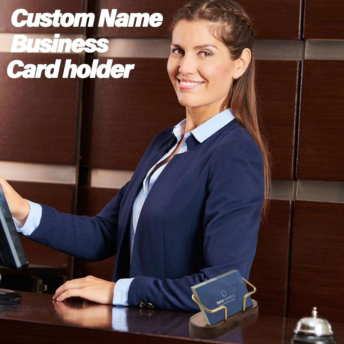Custom Business Card Holder for Desk, Engraved Walnut Wood Stand