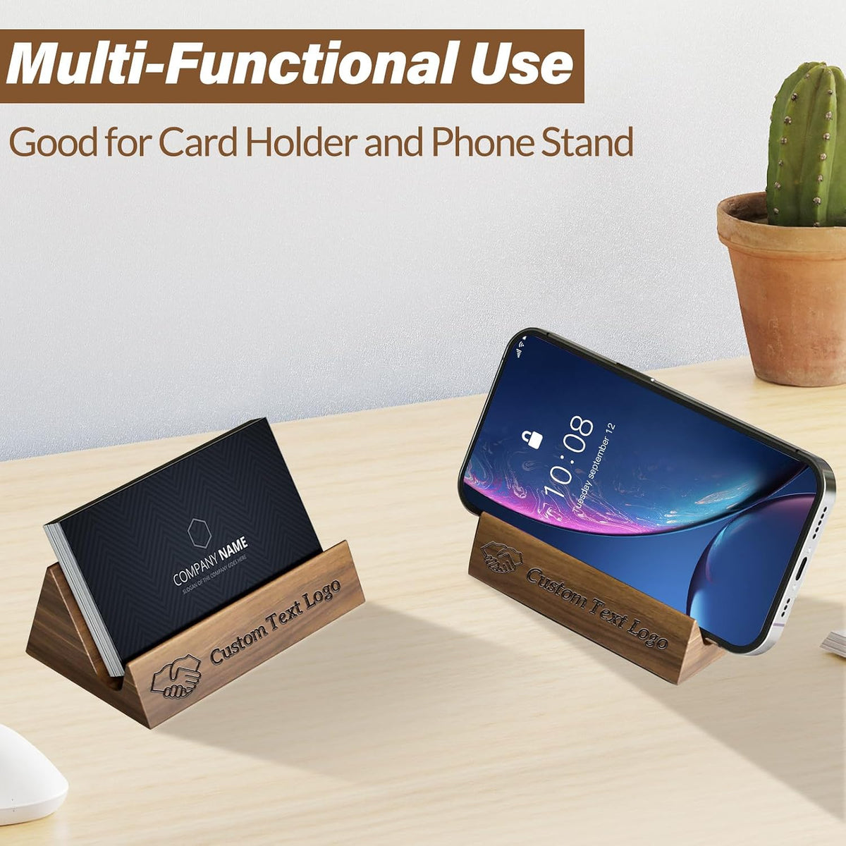 Custom Business Card Holder for Desk, Engraved Walnut Wood Stand