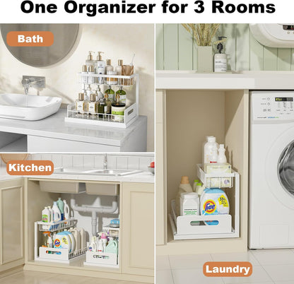 Under Sink Organizer, L-Shaped 2 Tier Pull Out Cabinet Organizer