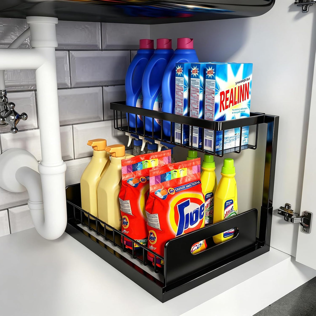 Under Sink Organizer, L-Shaped 2 Tier Pull Out Cabinet Organizer