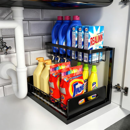 Under Sink Organizer, L-Shaped 2 Tier Pull Out Cabinet Organizer