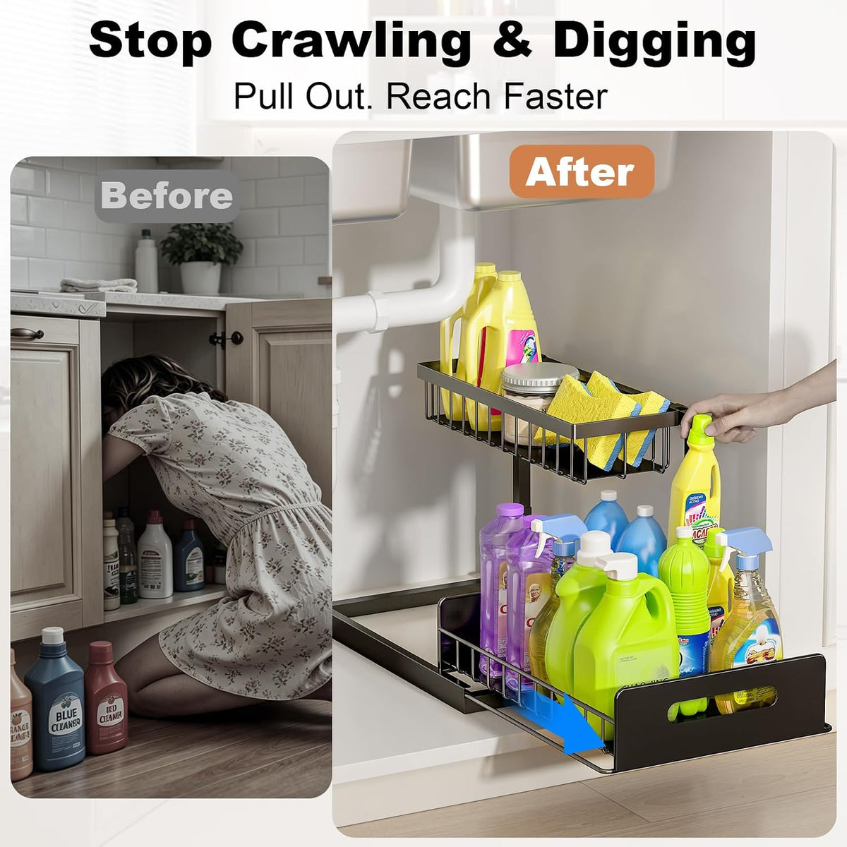 Under Sink Organizer, L-Shaped 2 Tier Pull Out Cabinet Organizer