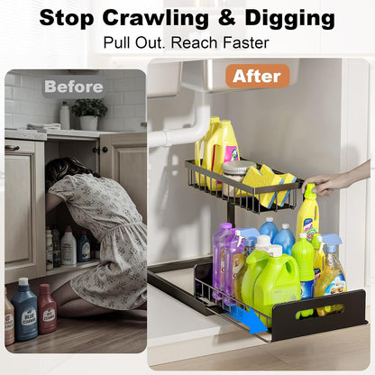 Under Sink Organizer, L-Shaped 2 Tier Pull Out Cabinet Organizer