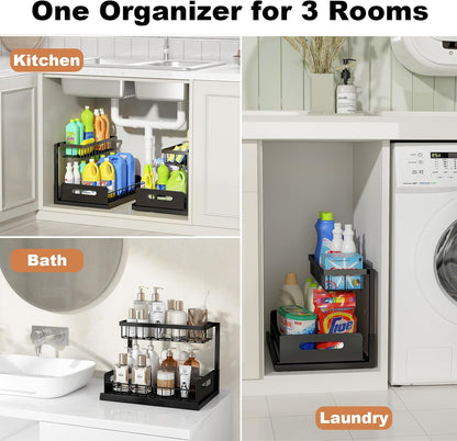 Under Sink Organizer, L-Shaped 2 Tier Pull Out Cabinet Organizer