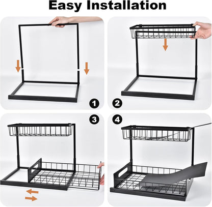 Under Sink Organizer, L-Shaped 2 Tier Pull Out Cabinet Organizer