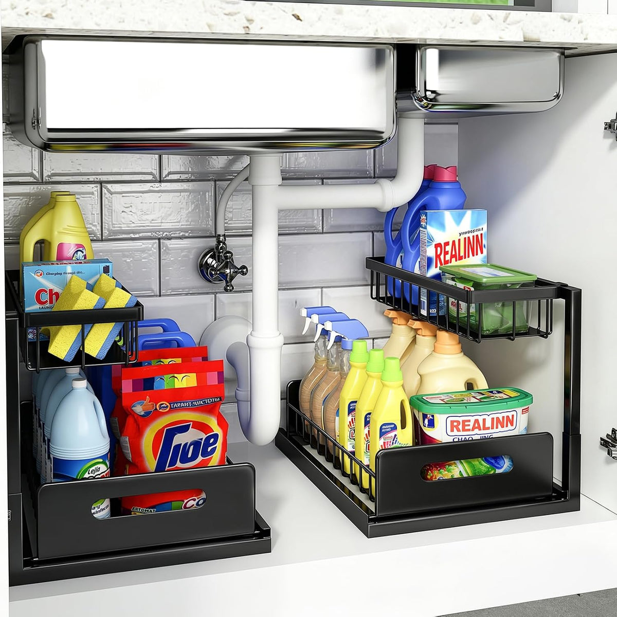 Under Sink Organizer, L-Shaped 2 Tier Pull Out Cabinet Organizer