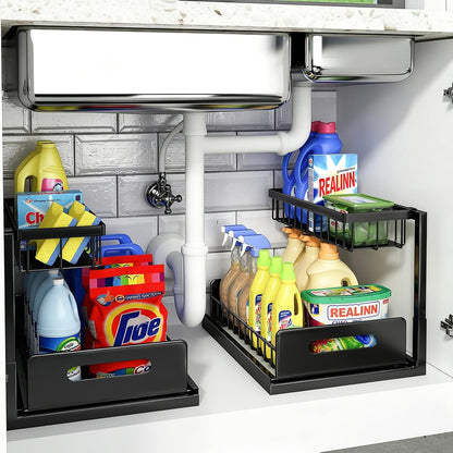 Under Sink Organizer, L-Shaped 2 Tier Pull Out Cabinet Organizer