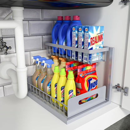 Under Sink Organizer, L-Shaped 2 Tier Pull Out Cabinet Organizer