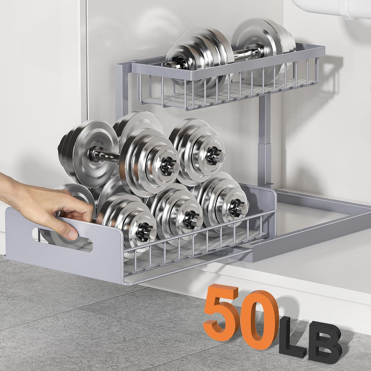 Under Sink Organizer, L-Shaped 2 Tier Pull Out Cabinet Organizer