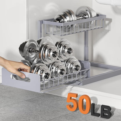 Under Sink Organizer, L-Shaped 2 Tier Pull Out Cabinet Organizer