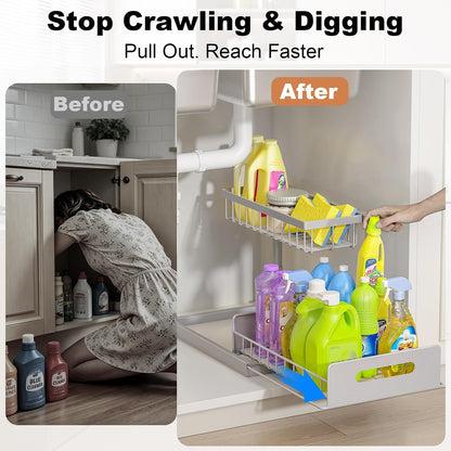 Under Sink Organizer, L-Shaped 2 Tier Pull Out Cabinet Organizer