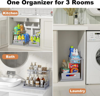 Under Sink Organizer, L-Shaped 2 Tier Pull Out Cabinet Organizer