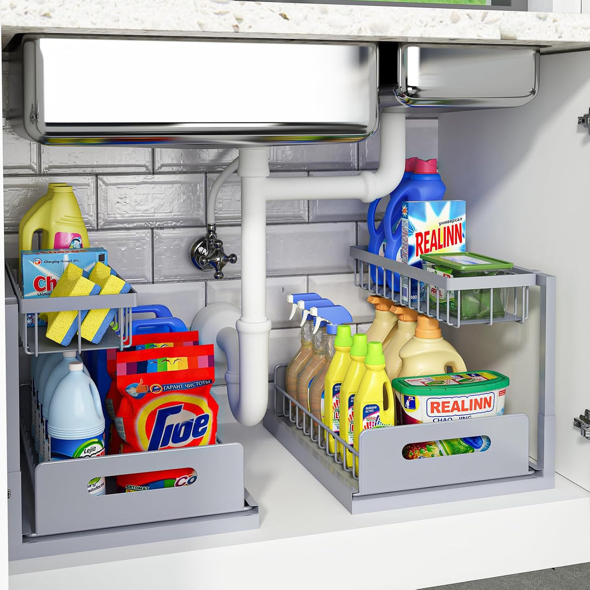 Under Sink Organizer, L-Shaped 2 Tier Pull Out Cabinet Organizer