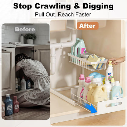 Under Sink Organizer, L-Shaped 2 Tier Pull Out Cabinet Organizer
