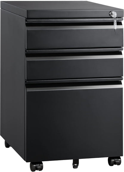 3 Drawer Mobile File Cabinet with Lock, Under Desk Metal Filing Cabinet for Home Office/Legal/Letter/A4 File, Fully Assembled Except Wheels, Black