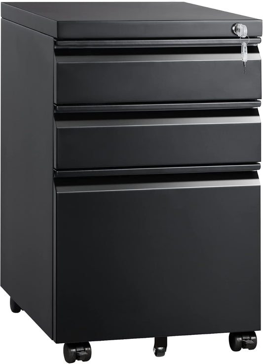 3 Drawer Mobile File Cabinet with Lock, Under Desk Metal Filing Cabinet for Home Office/Legal/Letter/A4 File, Fully Assembled Except Wheels, Black