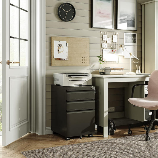 3 Drawer Mobile File Cabinet with Lock, Under Desk Metal Filing Cabinet for Home Office/Legal/Letter/A4 File, Fully Assembled Except Wheels, Black