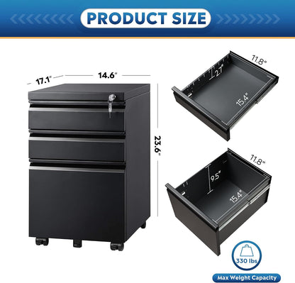 3 Drawer Mobile File Cabinet with Lock, Under Desk Metal Filing Cabinet for Home Office/Legal/Letter/A4 File, Fully Assembled Except Wheels, Black