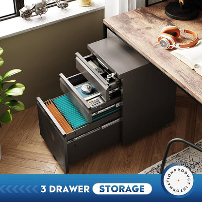 3 Drawer Mobile File Cabinet with Lock, Under Desk Metal Filing Cabinet for Home Office/Legal/Letter/A4 File, Fully Assembled Except Wheels, Black