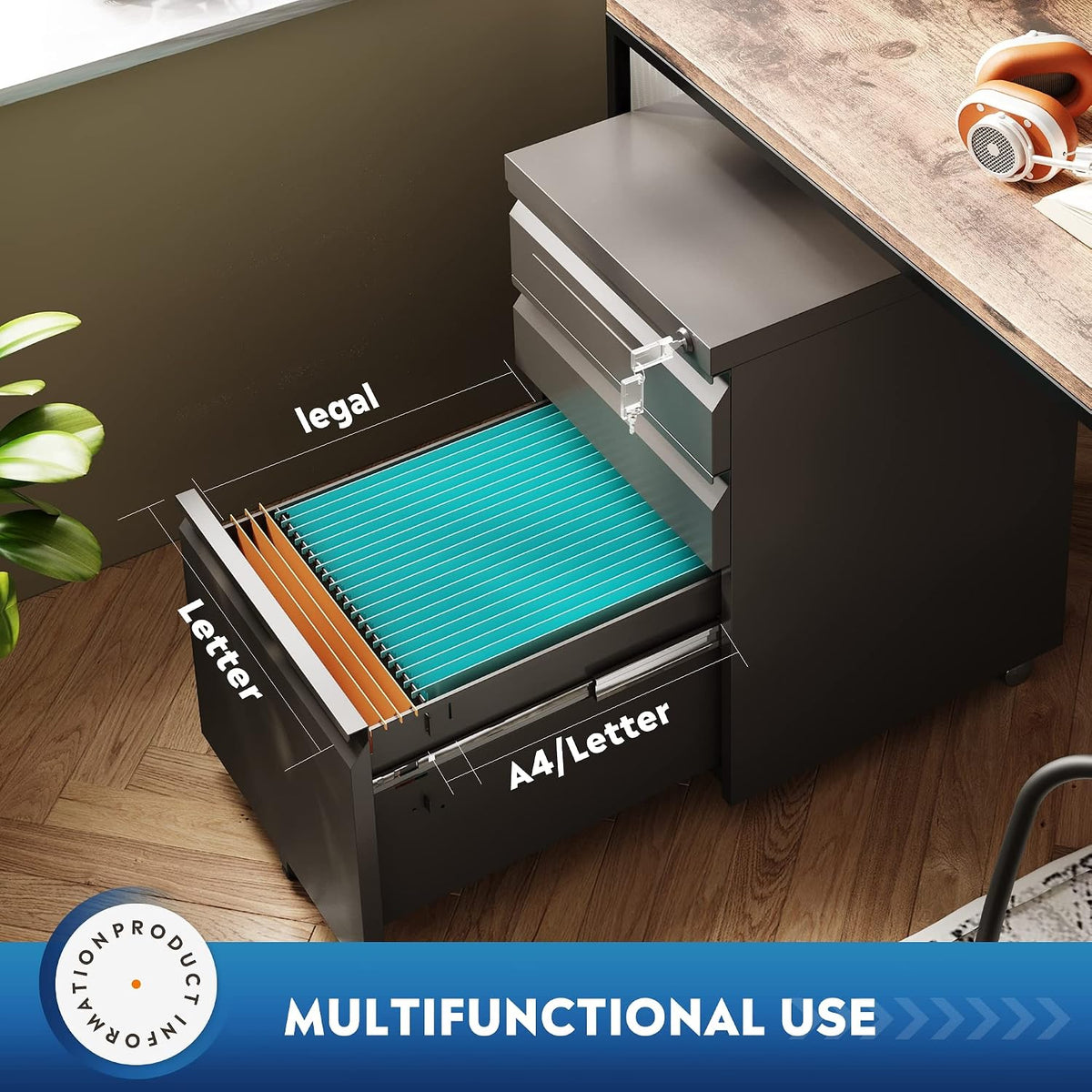 3 Drawer Mobile File Cabinet with Lock, Under Desk Metal Filing Cabinet for Home Office/Legal/Letter/A4 File, Fully Assembled Except Wheels, Black