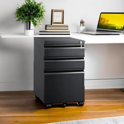 3 Drawer Mobile File Cabinet with Lock, Under Desk Metal Filing Cabinet for Home Office/Legal/Letter/A4 File, Fully Assembled Except Wheels, Black