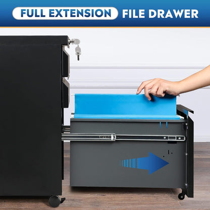 3 Drawer Mobile File Cabinet with Lock, Under Desk Metal Filing Cabinet for Home Office/Legal/Letter/A4 File, Fully Assembled Except Wheels, Black