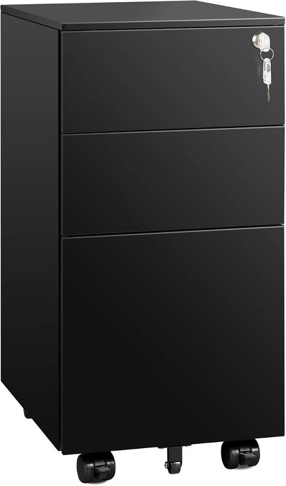 3 Drawer Mobile File Cabinet with Lock, Under Desk Metal Filing Cabinet for Home Office/Legal/Letter/A4 File, Fully Assembled Except Wheels, Black