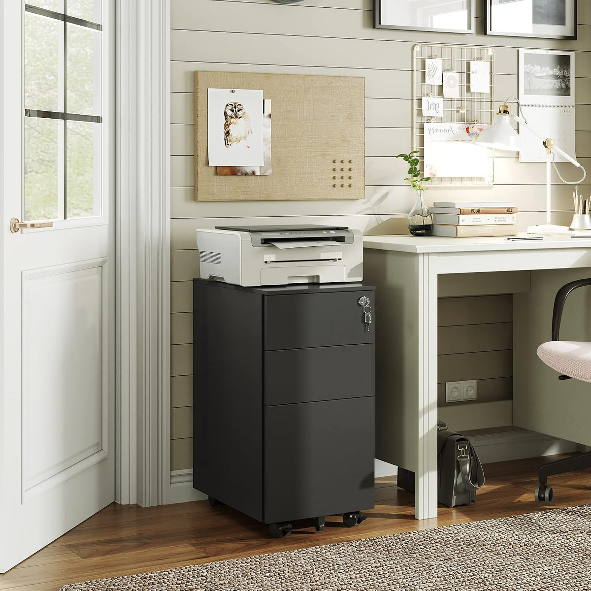 3 Drawer Mobile File Cabinet with Lock, Under Desk Metal Filing Cabinet for Home Office/Legal/Letter/A4 File, Fully Assembled Except Wheels, Black