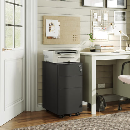 3 Drawer Mobile File Cabinet with Lock, Under Desk Metal Filing Cabinet for Home Office/Legal/Letter/A4 File, Fully Assembled Except Wheels, Black