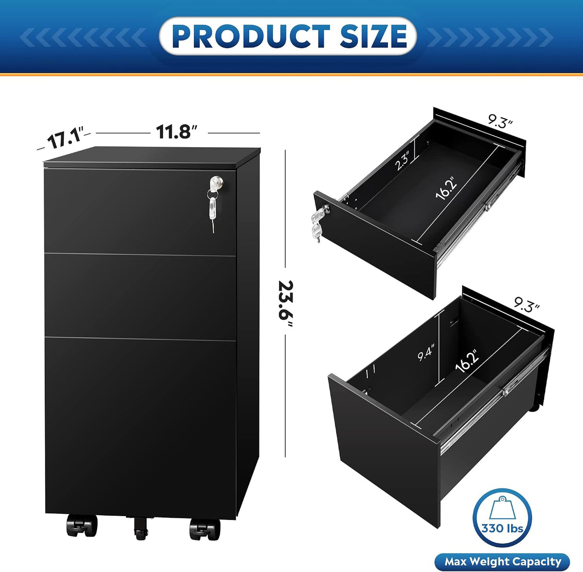 3 Drawer Mobile File Cabinet with Lock, Under Desk Metal Filing Cabinet for Home Office/Legal/Letter/A4 File, Fully Assembled Except Wheels, Black