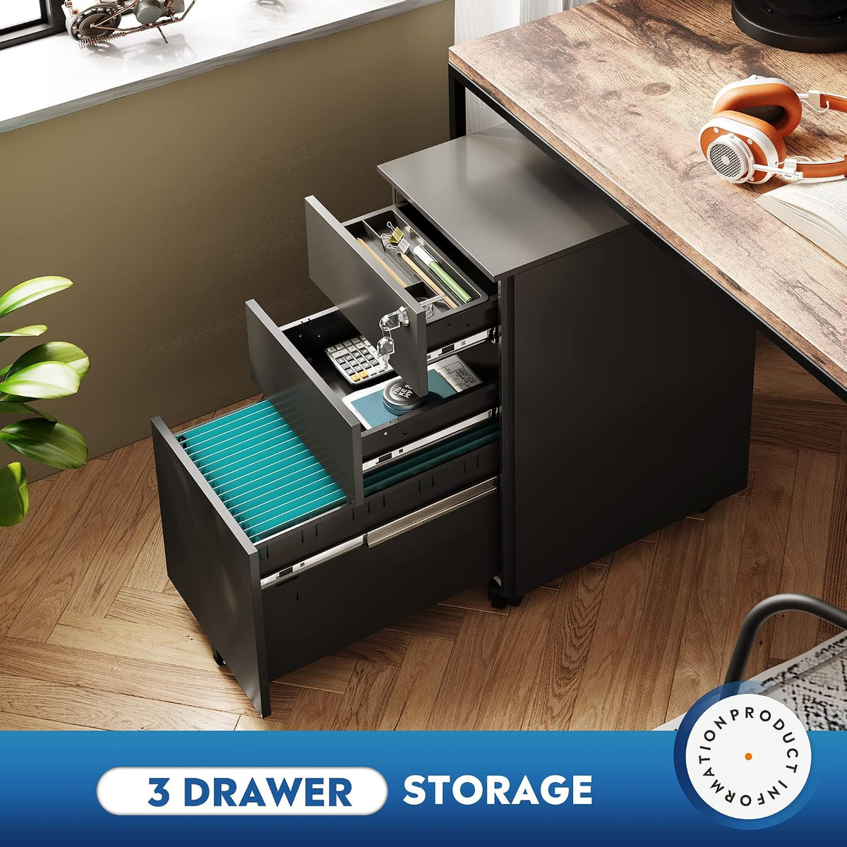 3 Drawer Mobile File Cabinet with Lock, Under Desk Metal Filing Cabinet for Home Office/Legal/Letter/A4 File, Fully Assembled Except Wheels, Black
