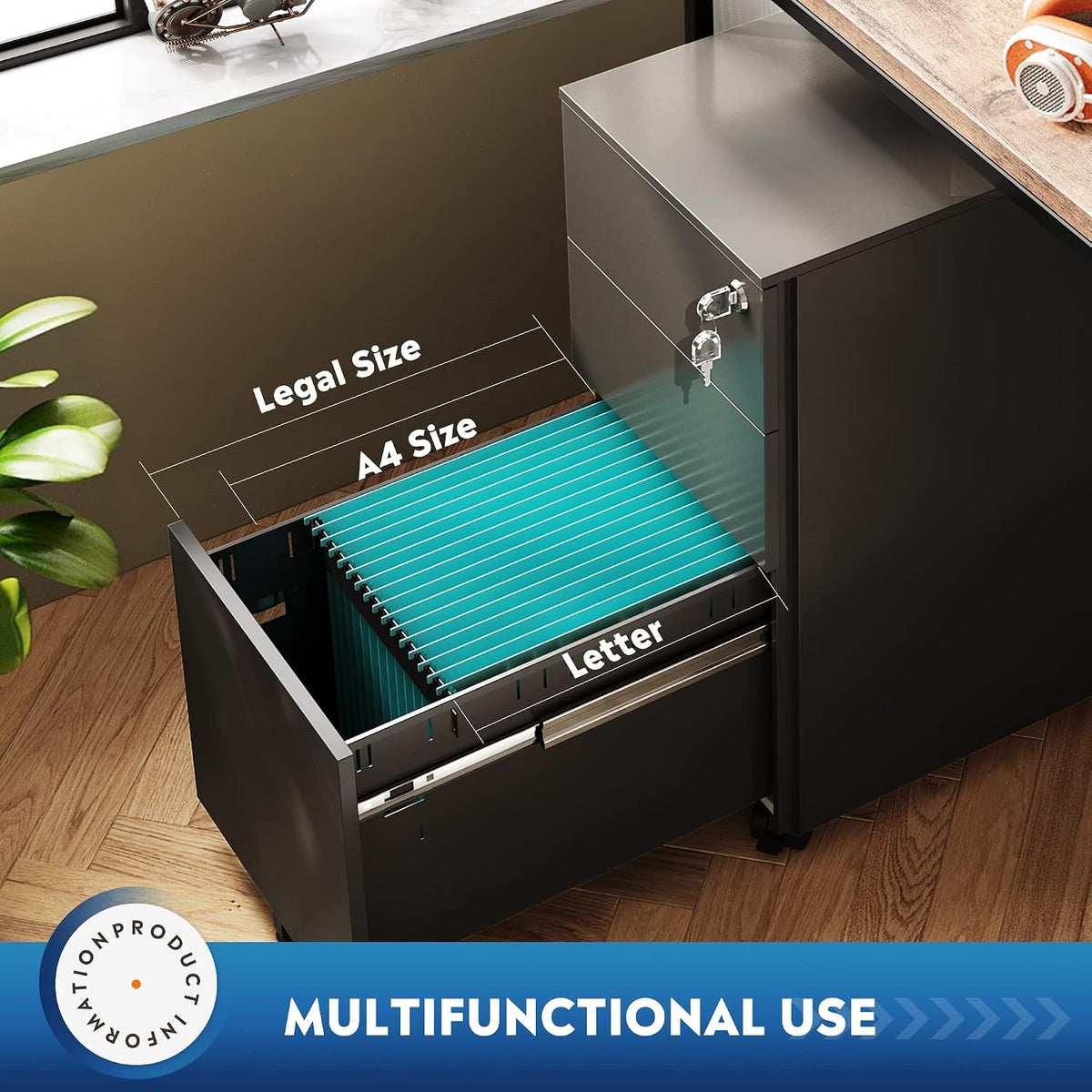 3 Drawer Mobile File Cabinet with Lock, Under Desk Metal Filing Cabinet for Home Office/Legal/Letter/A4 File, Fully Assembled Except Wheels, Black
