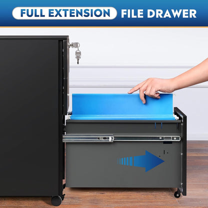3 Drawer Mobile File Cabinet with Lock, Under Desk Metal Filing Cabinet for Home Office/Legal/Letter/A4 File, Fully Assembled Except Wheels, Black